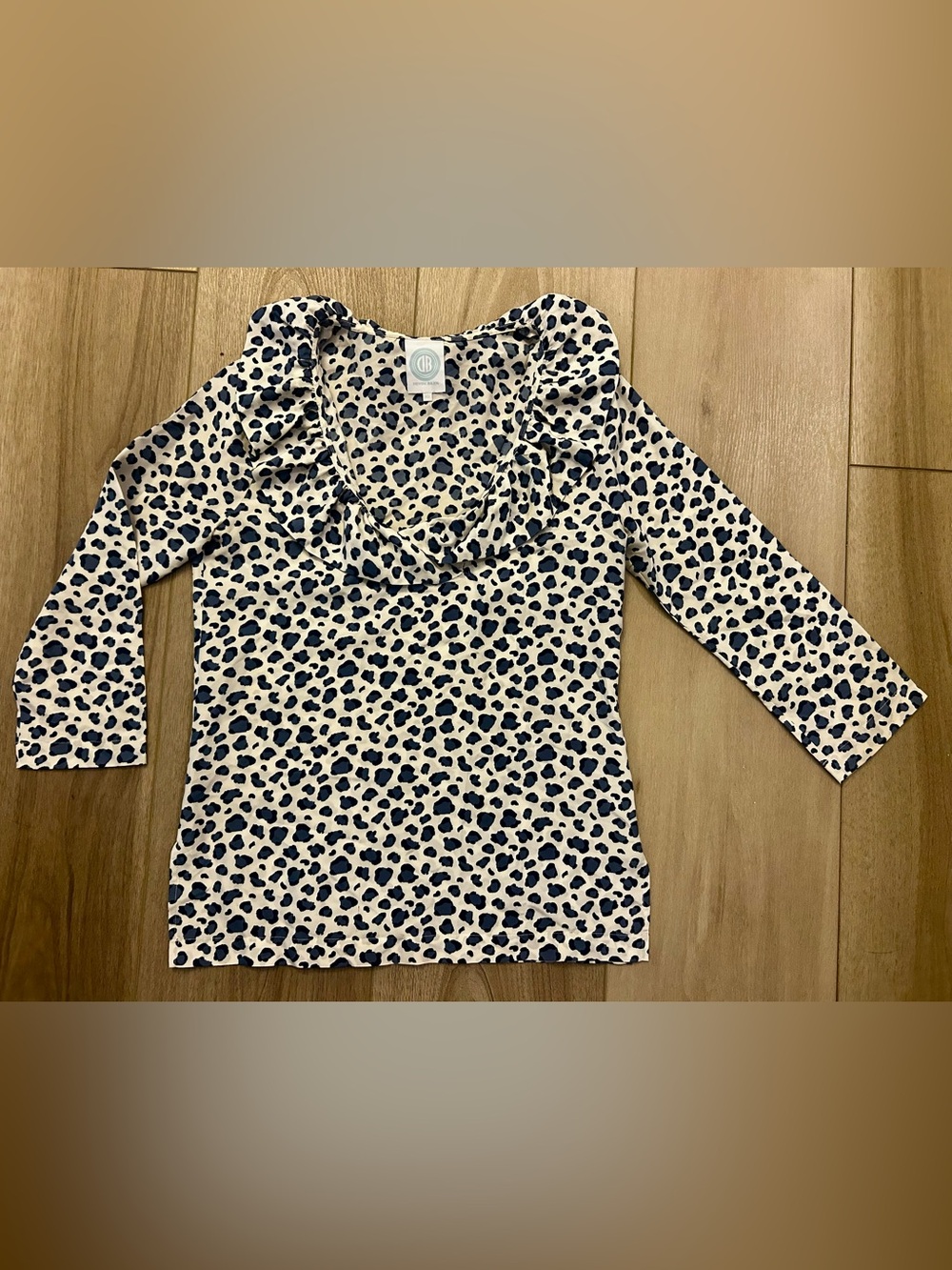 Devon Baer XS 100% Silk Blue Leopard Ruffle V-Neck Blouse